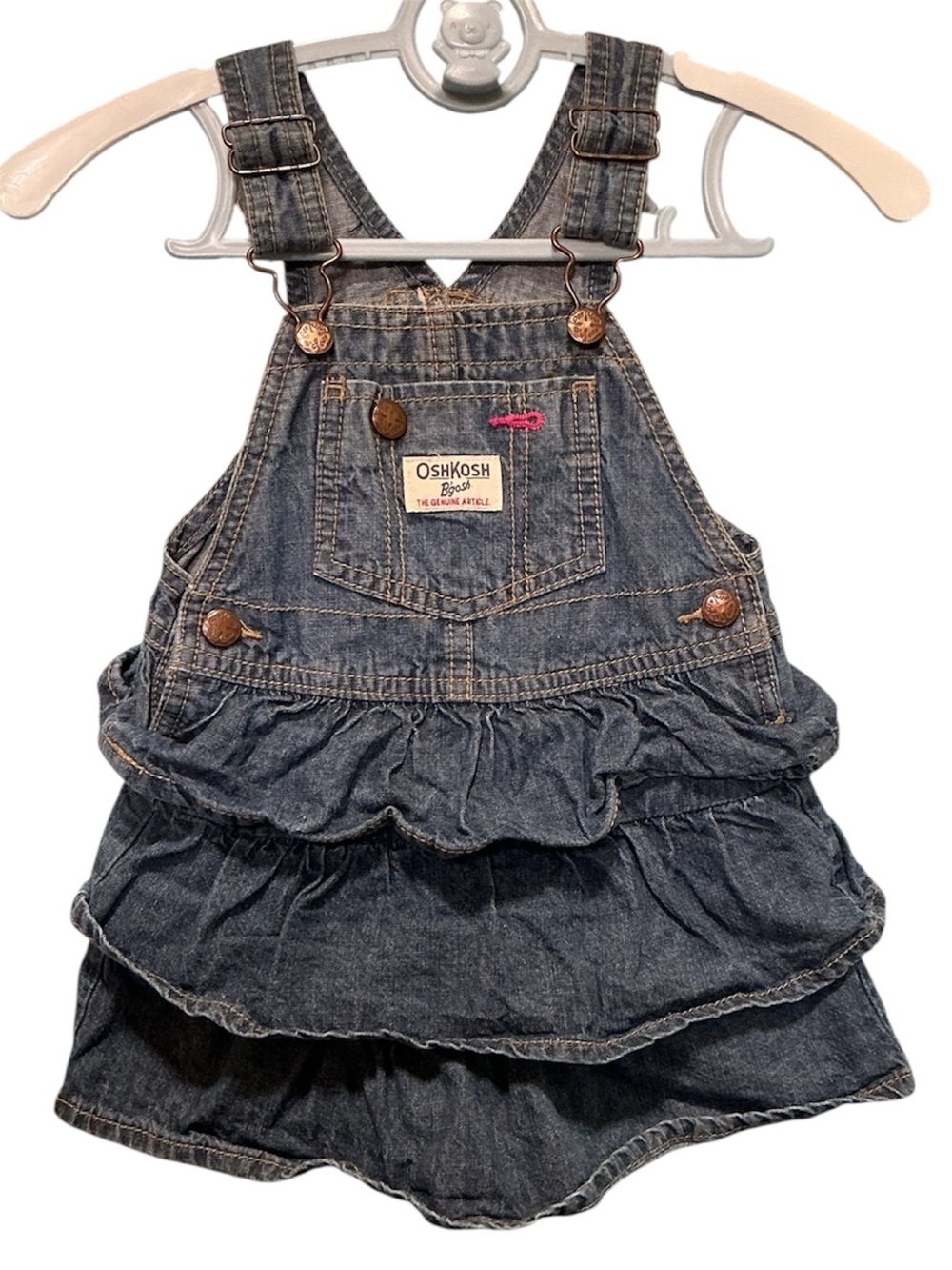 3/$15 OshKosh B'gosh Dark Denim Ruffle Overall Dress with Pink Accent